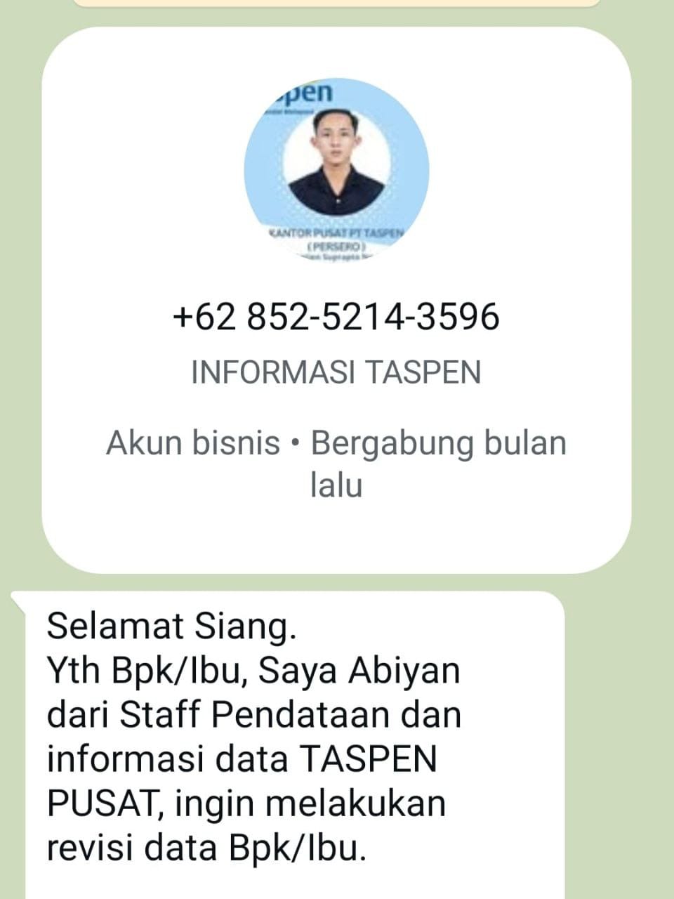 Aplikasi Penipuan melalui Whatsapp Mengatasnamakan nformasi Taspen