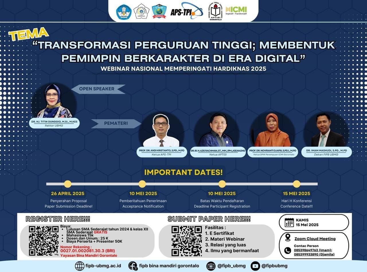 Universitas Bina Mandiri (UBM) Gorontalo akan menggelar Webinar Nasional bertema “Transformasi Perguruan Tinggi Membentuk Pemimpin Berkarakter di Era Digital" ( Foto: Hms)
