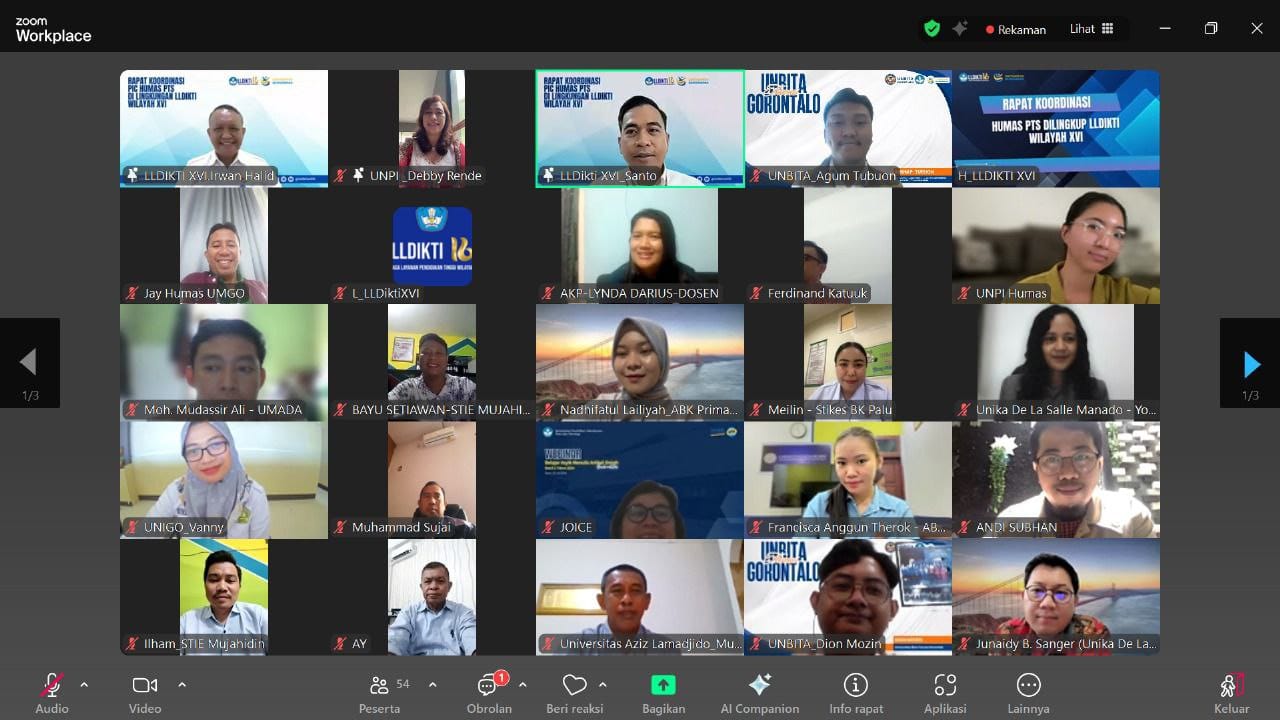 Rapat Koordinasi Person in Charge PTS se- LLDIKTI Wilayah XVI secara daring melalui Zoom Meeting, Senin (25/8/2025).