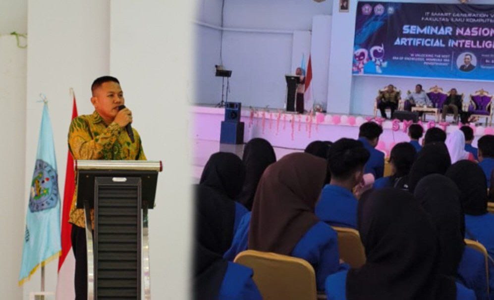 Dekan Fakultas Ilmu Komputer, Bahri Dahlan, S.Kom.,MT saat memberikan sambutan dalam seminar Nasional Artificial Inyelegence (AI). ( Foto: Ist Humas)