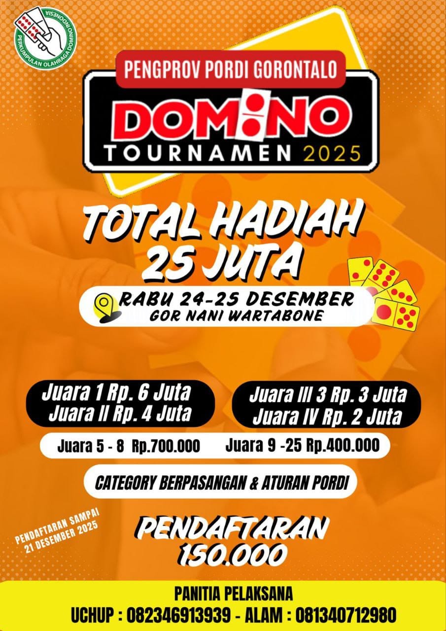 Flayer Turnamen Domino PORDI Gorontalo 2025