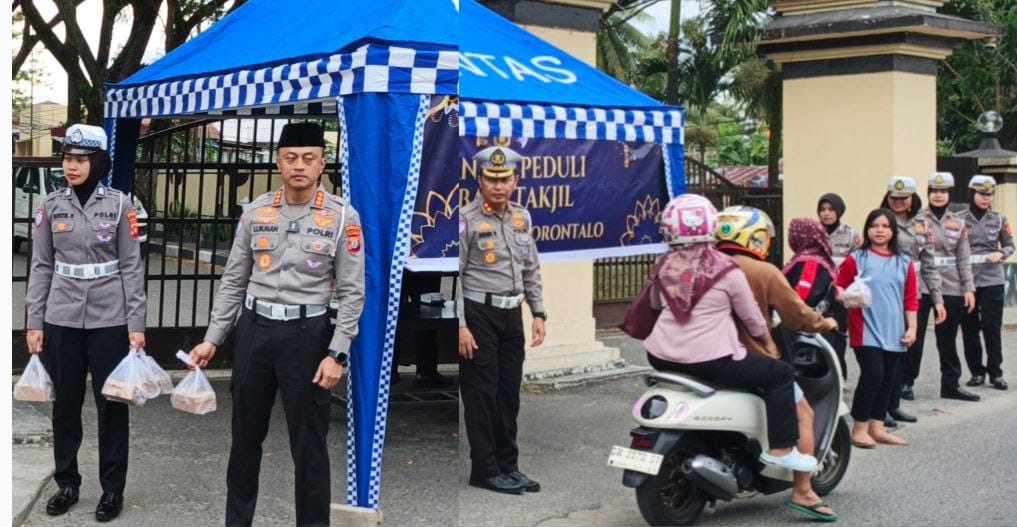 Ditlantas Polda Gorontalo menggelar aksi sosial berbagi takjil kepada masyarakat di depan Markas yang melintas Mapolda Gorontalo, Senin (23/2/2026).